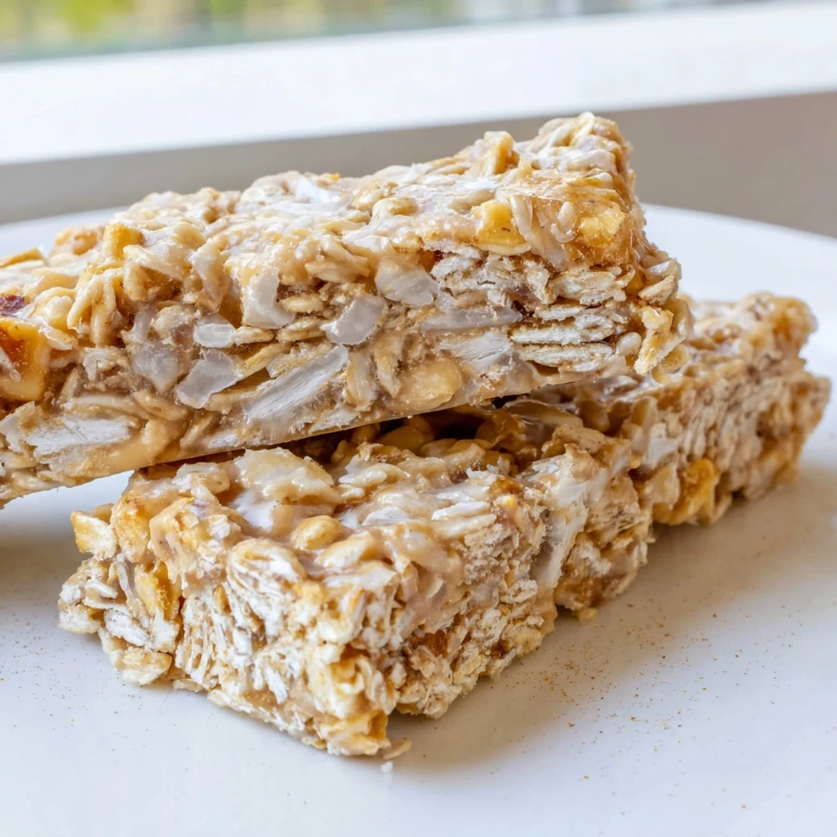 Chewy No Bake Apple Peanut Butter Granola Bars topped with visible oats and dried apple pieces