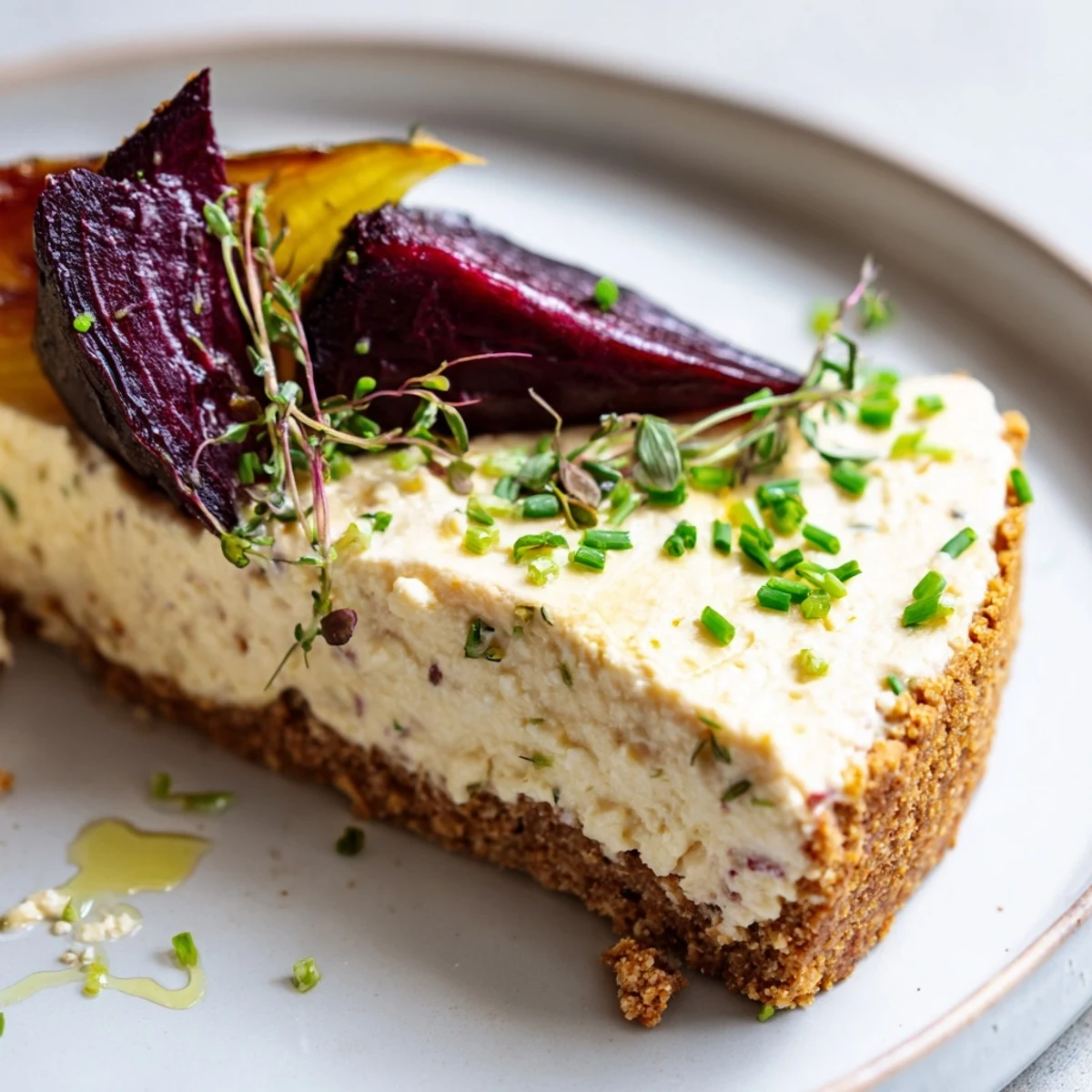Golden-crusted savoury cheesecake with roasted beetroot wedges on a rustic serving plate
