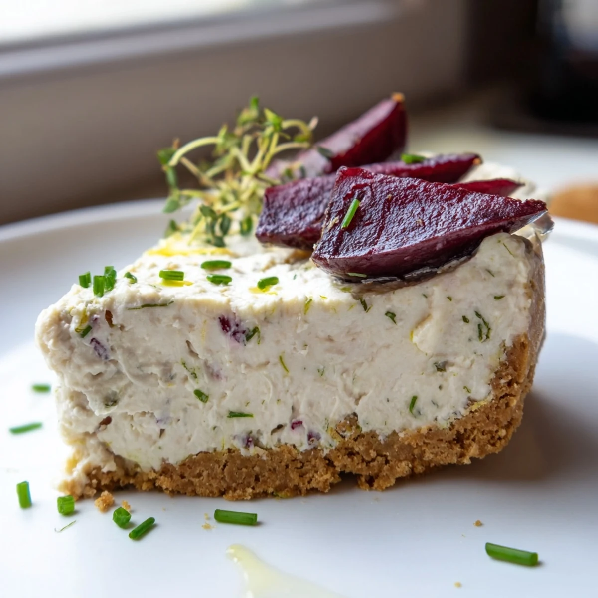 Smooth savoury cheesecake drizzled with olive oil alongside sweet balsamic roasted beetroot