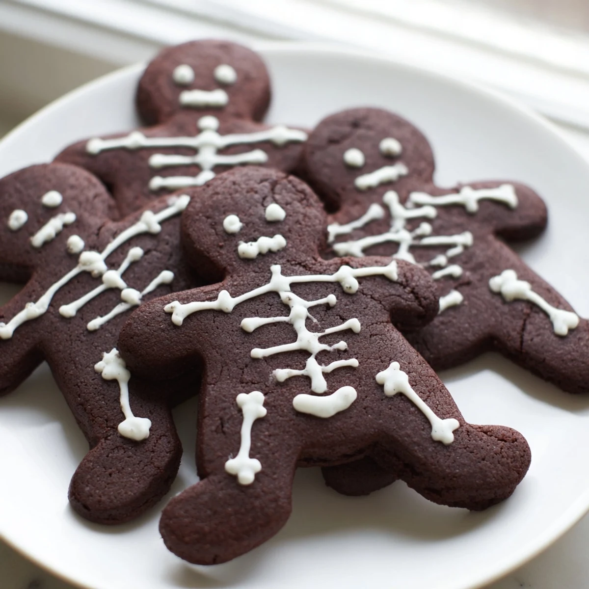 Dark cocoa chocolate cinnamon skeleton cookies decorated with intricate royal icing skeleton designs