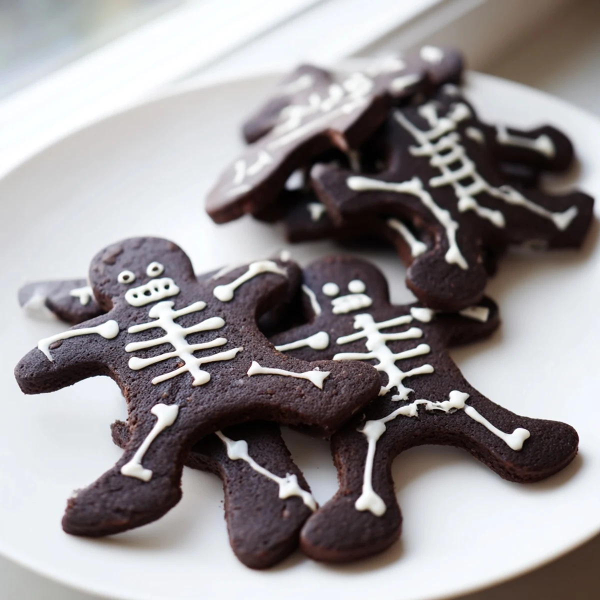 Crispy chocolate cinnamon skeleton cookies with white icing bones on a parchment-lined baking sheet