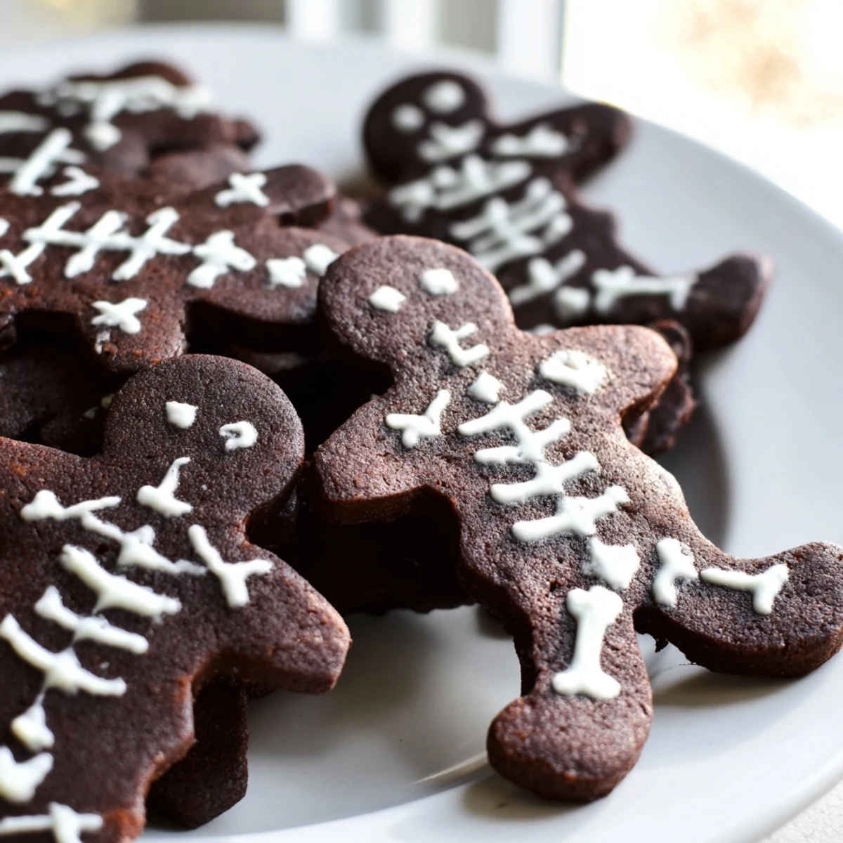 Festive chocolate cinnamon skeleton cookies arranged on a rustic holiday platter with spooky icing details