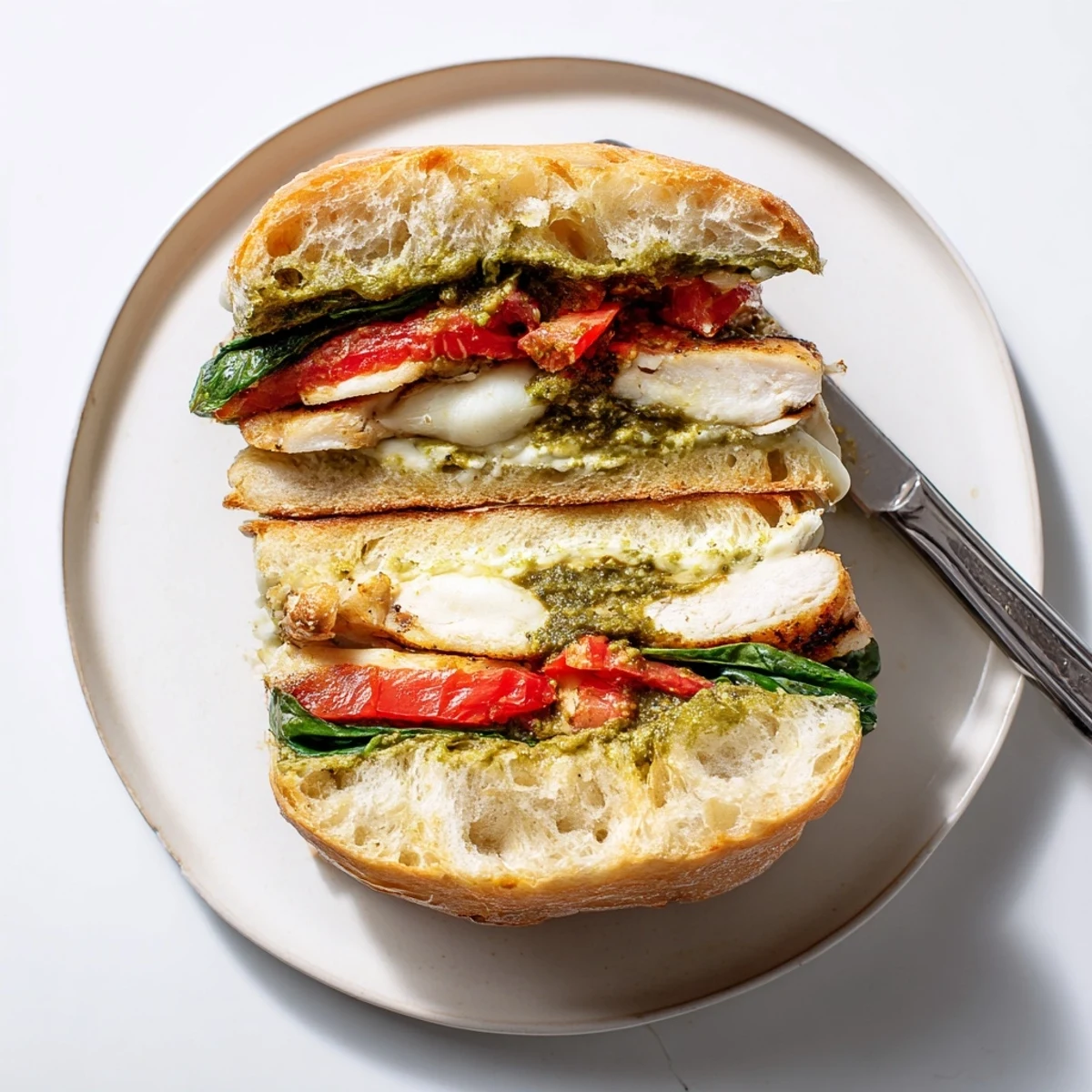 Warm chicken pesto sandwich recipe layered with juicy cutlets, fresh tomato, and gooey cheese