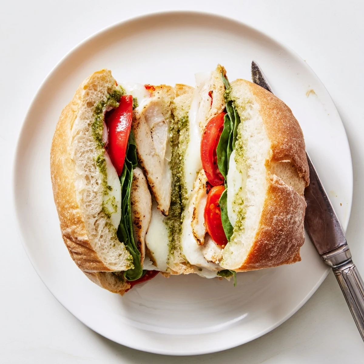 Golden grilled chicken pesto sandwich recipe stacked with melted mozzarella on toasted ciabatta
