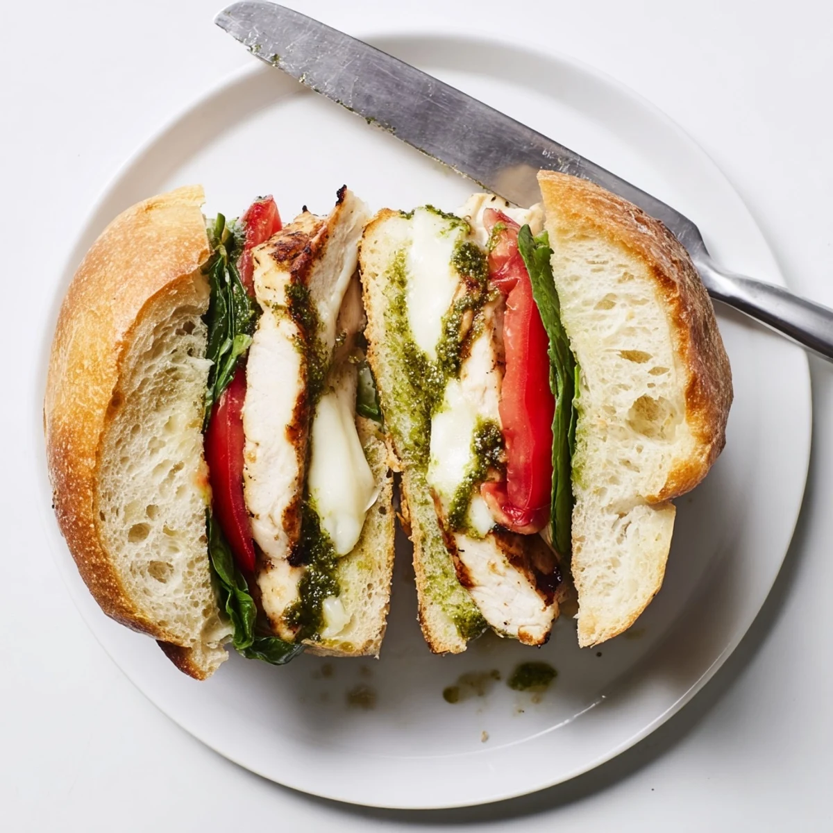 Sliced chicken pesto sandwich recipe served on a crisp roll with peppery arugula