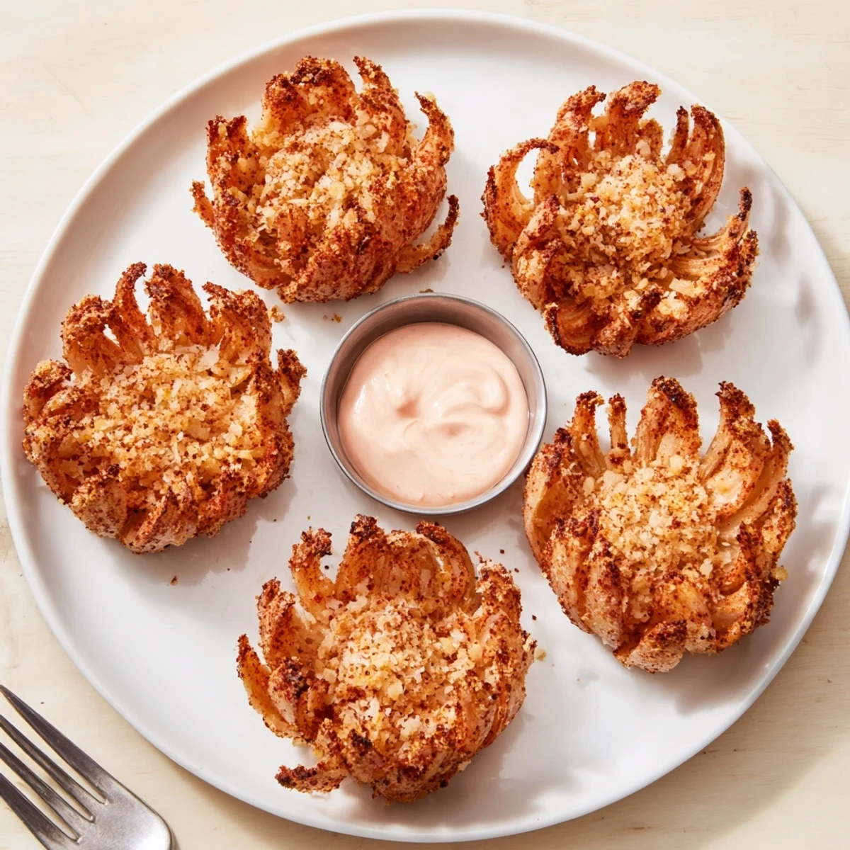 Golden crispy mini bloomin onions served with creamy horseradish dipping sauce on a platter
