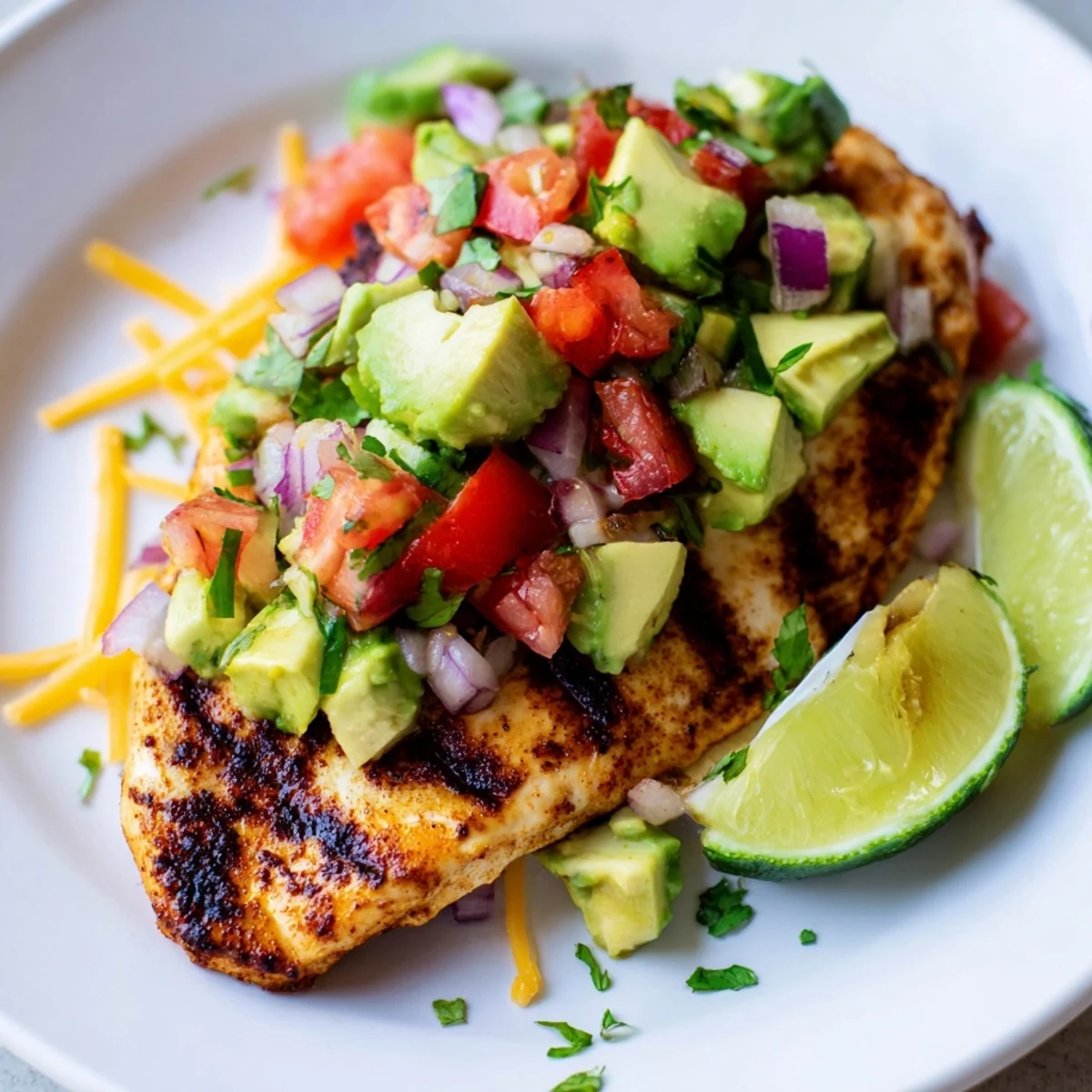 Golden grilled fiesta lime chicken topped with creamy avocado and fresh cilantro