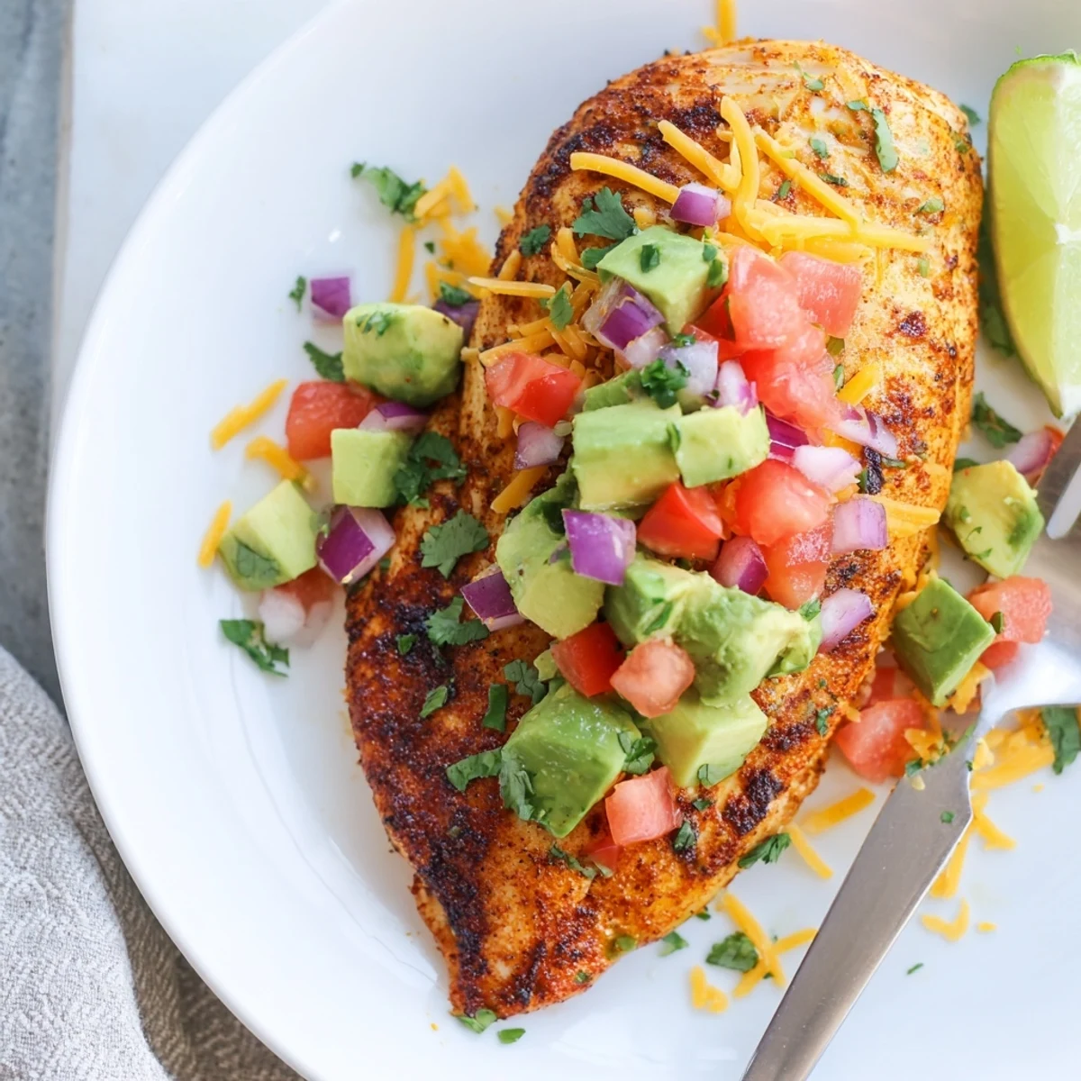 Sizzling fiesta lime chicken with avocado served on a white dinner plate