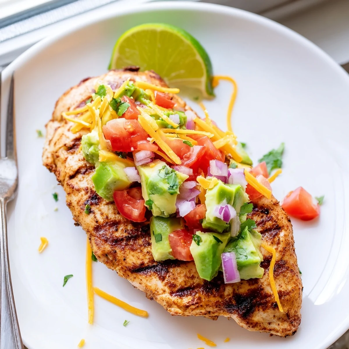 Juicy fiesta lime chicken with diced avocado topping and a lime wedge