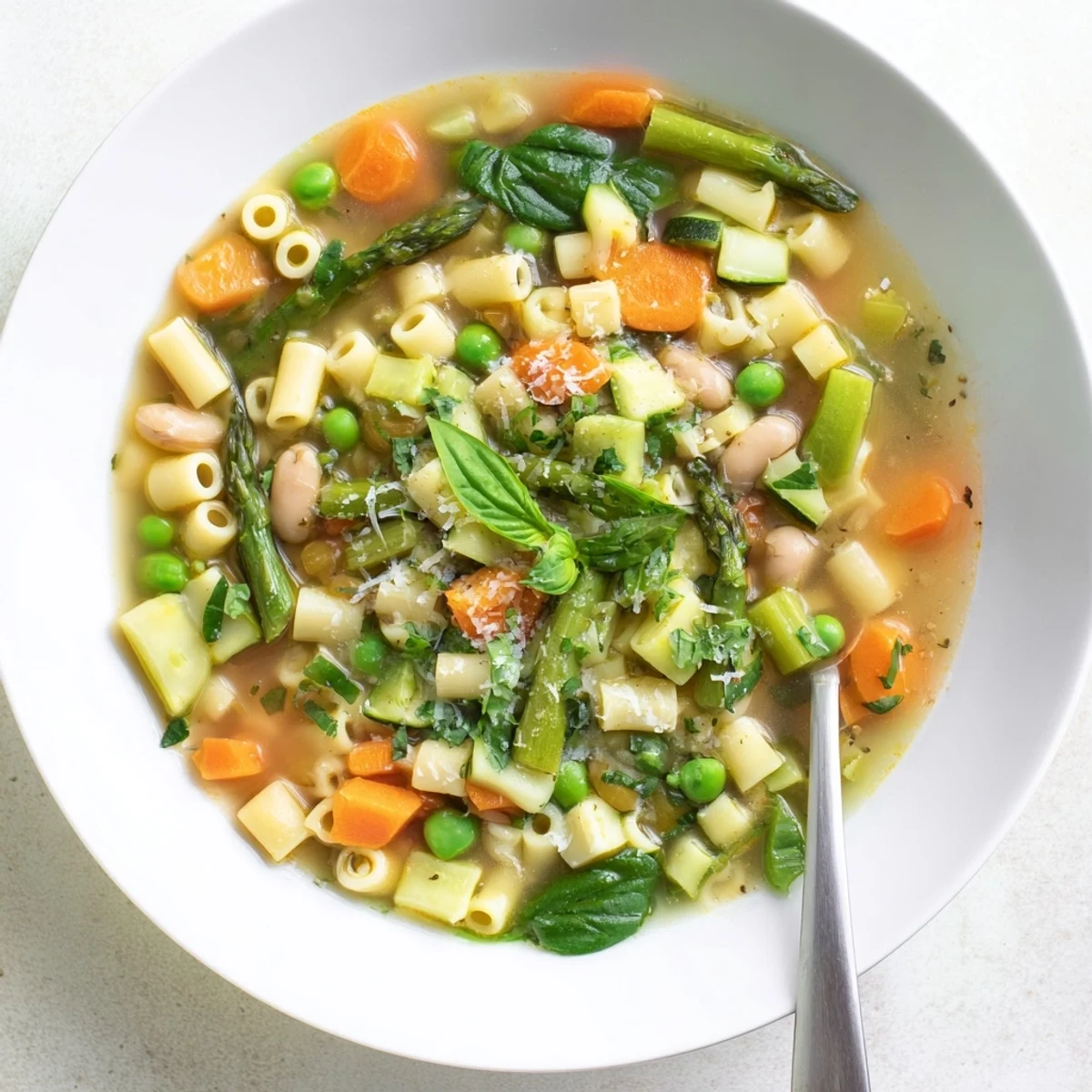 Steaming bowl of spring minestrone soup loaded with tender pasta and green vegetables.