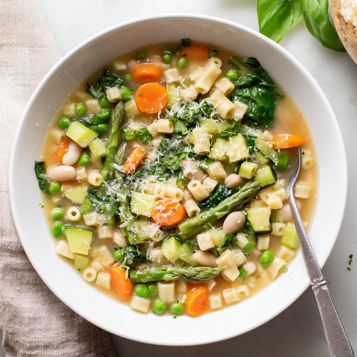 Golden olive oil swirls through spring minestrone soup with fresh basil and Parmesan.