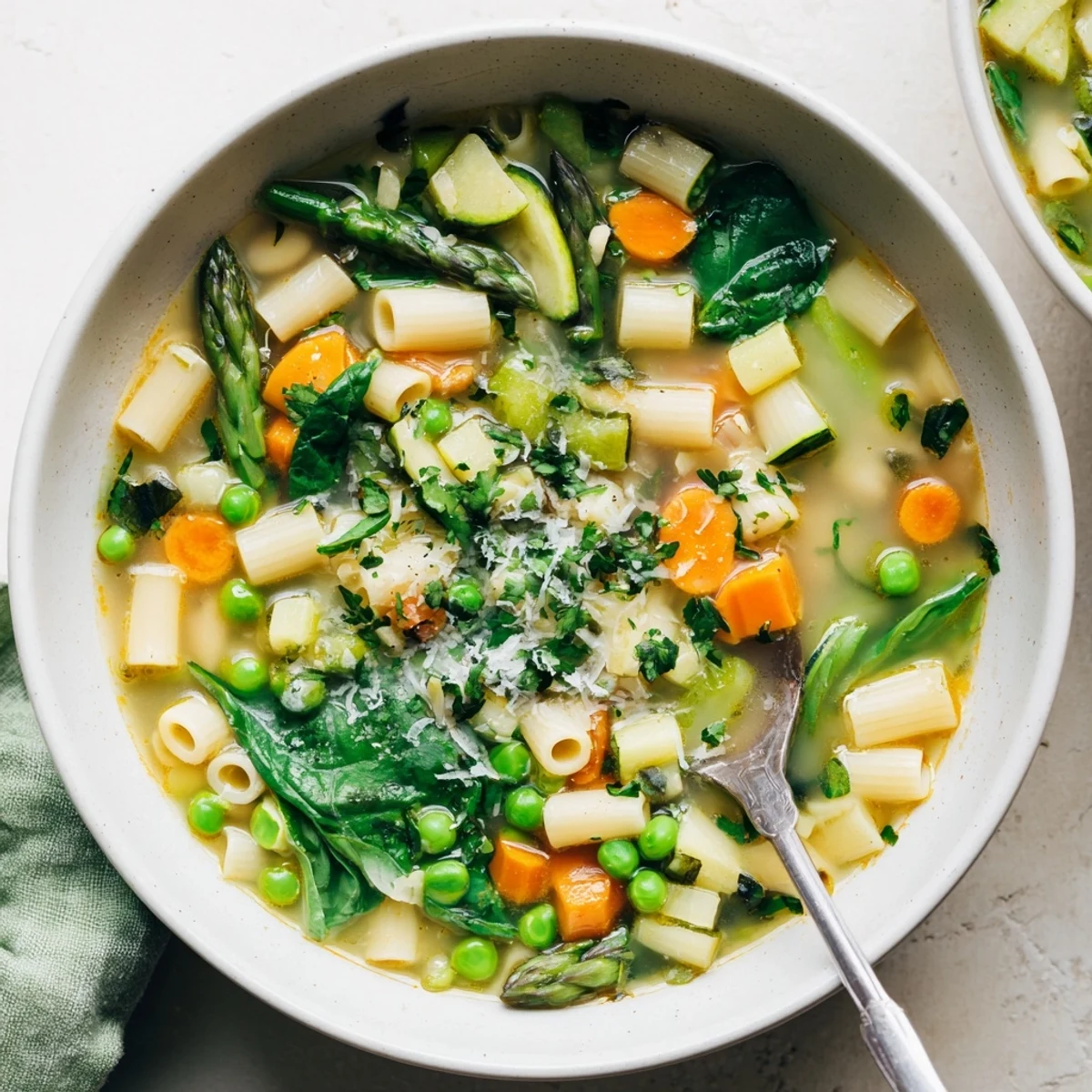 Colorful spring minestrone soup simmering in a pot with diced carrots and asparagus.