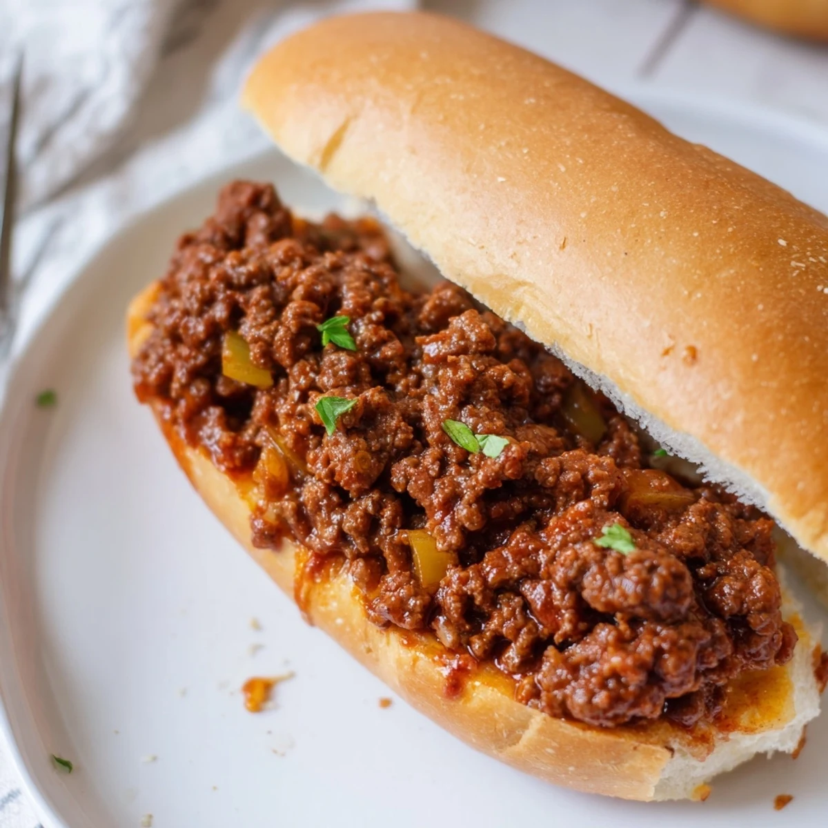Toasted Garlic Bread Sloppy Joes piled high, savory beef filling visible