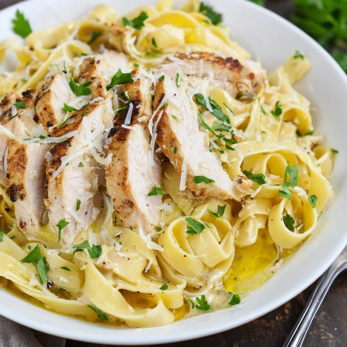 Plate of Creamy Garlic Chicken Pasta garnished with parsley and grated Parmesan.