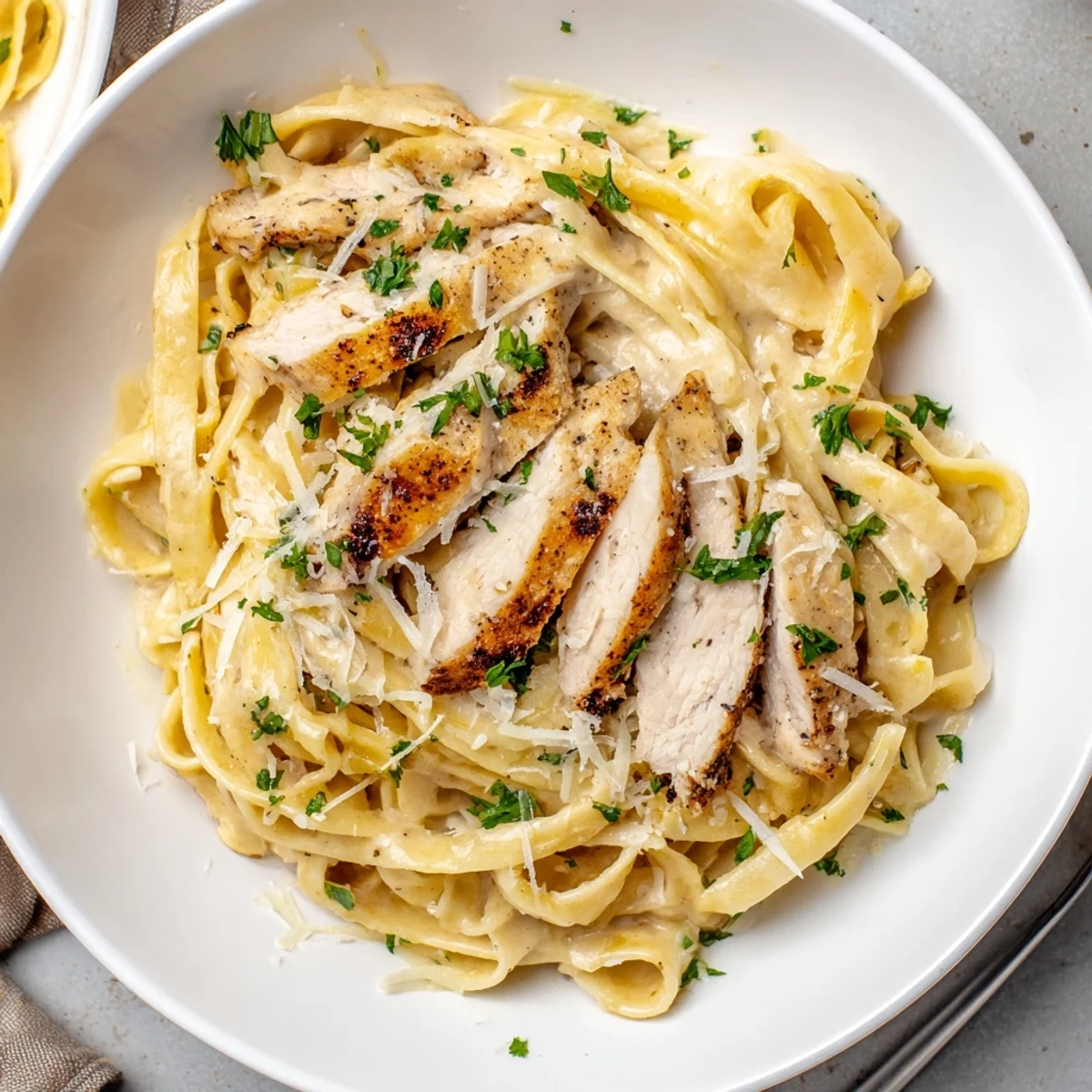 Creamy Garlic Chicken Pasta steaming in a bowl, tender chicken, silky sauce.
