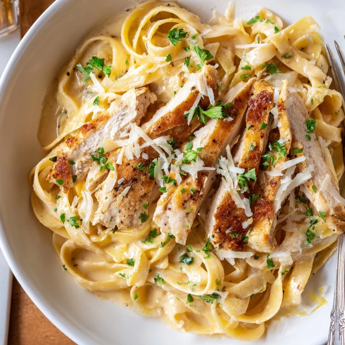 Skillet-ready Creamy Garlic Chicken Pasta with al dente fettuccine and garlic aroma.