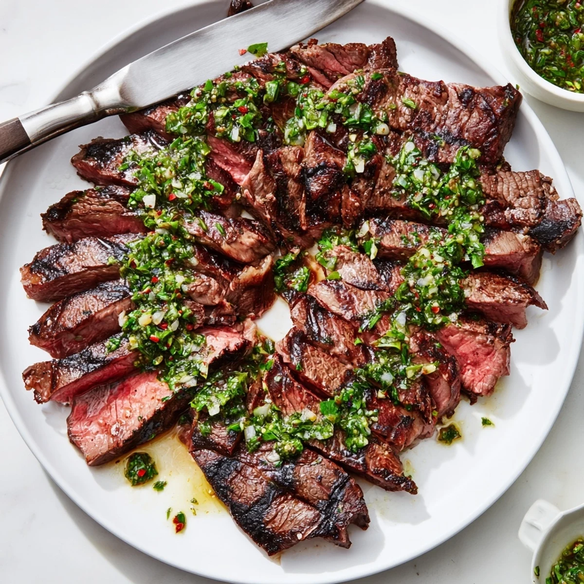 Chimichurri Steak Recipe: grilled ribeye sliced, juicy, herbaceous sauce glistening on top