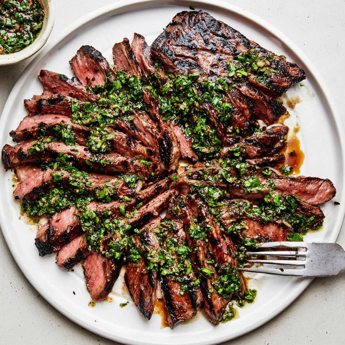 Sliced Chimichurri Steak Recipe served hot with charred edges and vibrant parsley