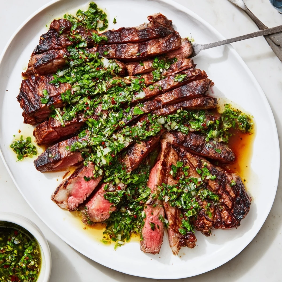 Weeknight Chimichurri Steak Recipe plated with extra sauce, lemon brightness, smoky grill
