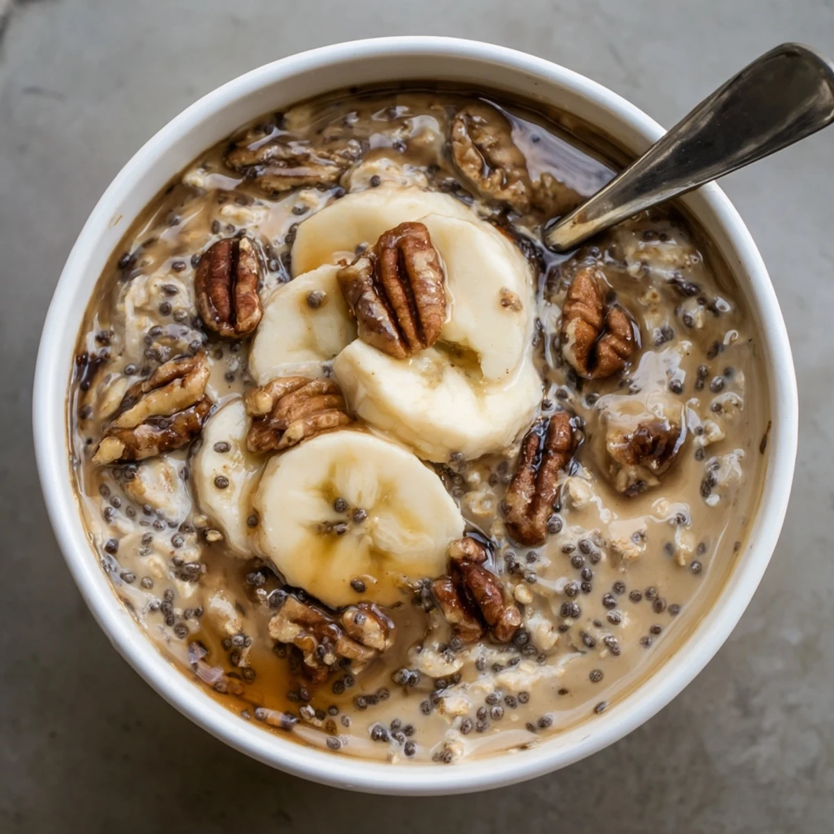 Brown Sugar Coffee Overnight Oats topped with sliced banana, toasted pecans, chilled.