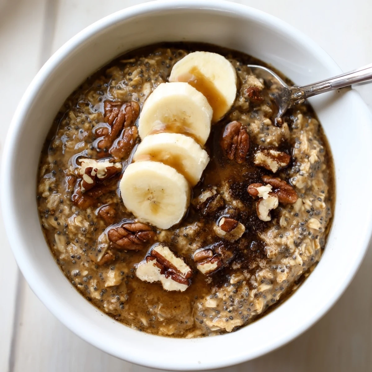 Make-ahead Brown Sugar Coffee Overnight Oats garnished with maple drizzle and crunch.