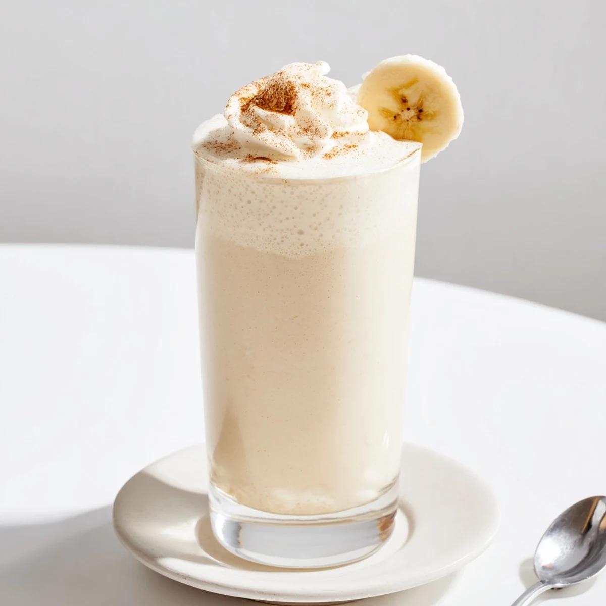 Creamy chilled Vanilla Banana Shake topped with whipped cream and cinnamon sprinkle