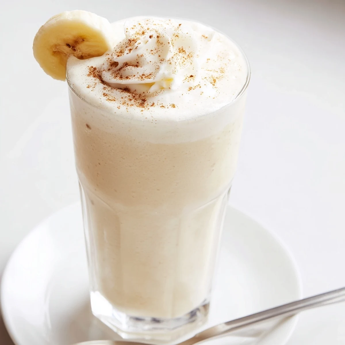 Thick frozen Vanilla Banana Shake garnished with banana slices, ideal afternoon treat