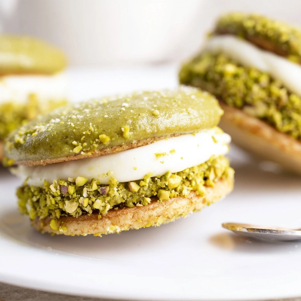 Fresh Pistachio Cream Cookies on wire rack, tender edges, perfect teatime treat