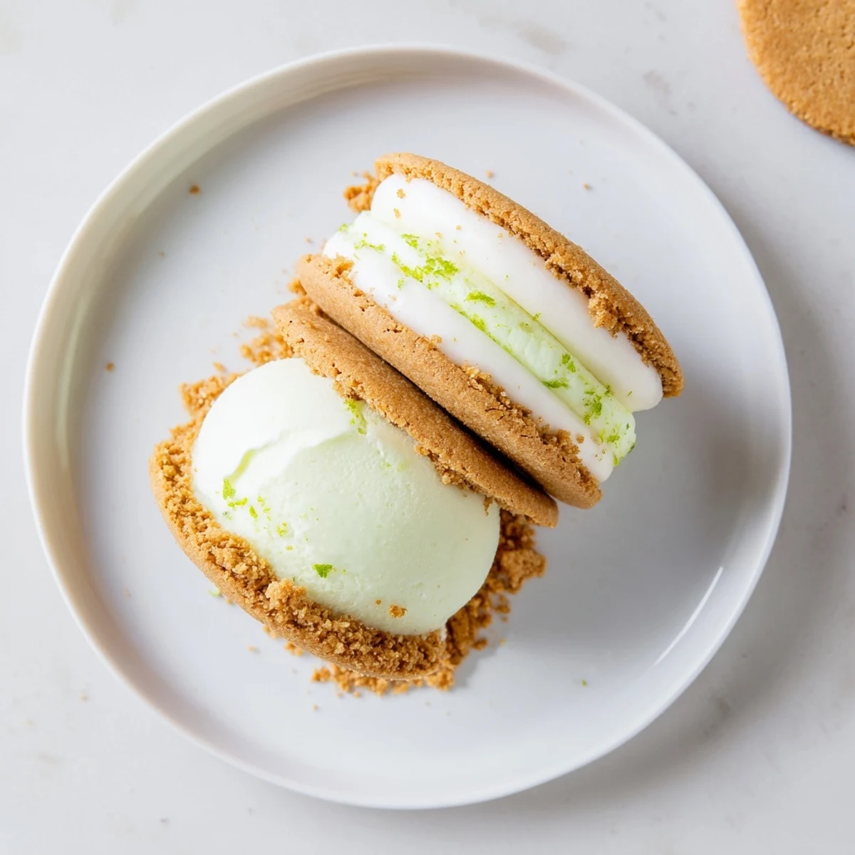 Stacked Key Lime Pie Ice Cream Sandwiches on parchment, zesty aroma, creamy texture.