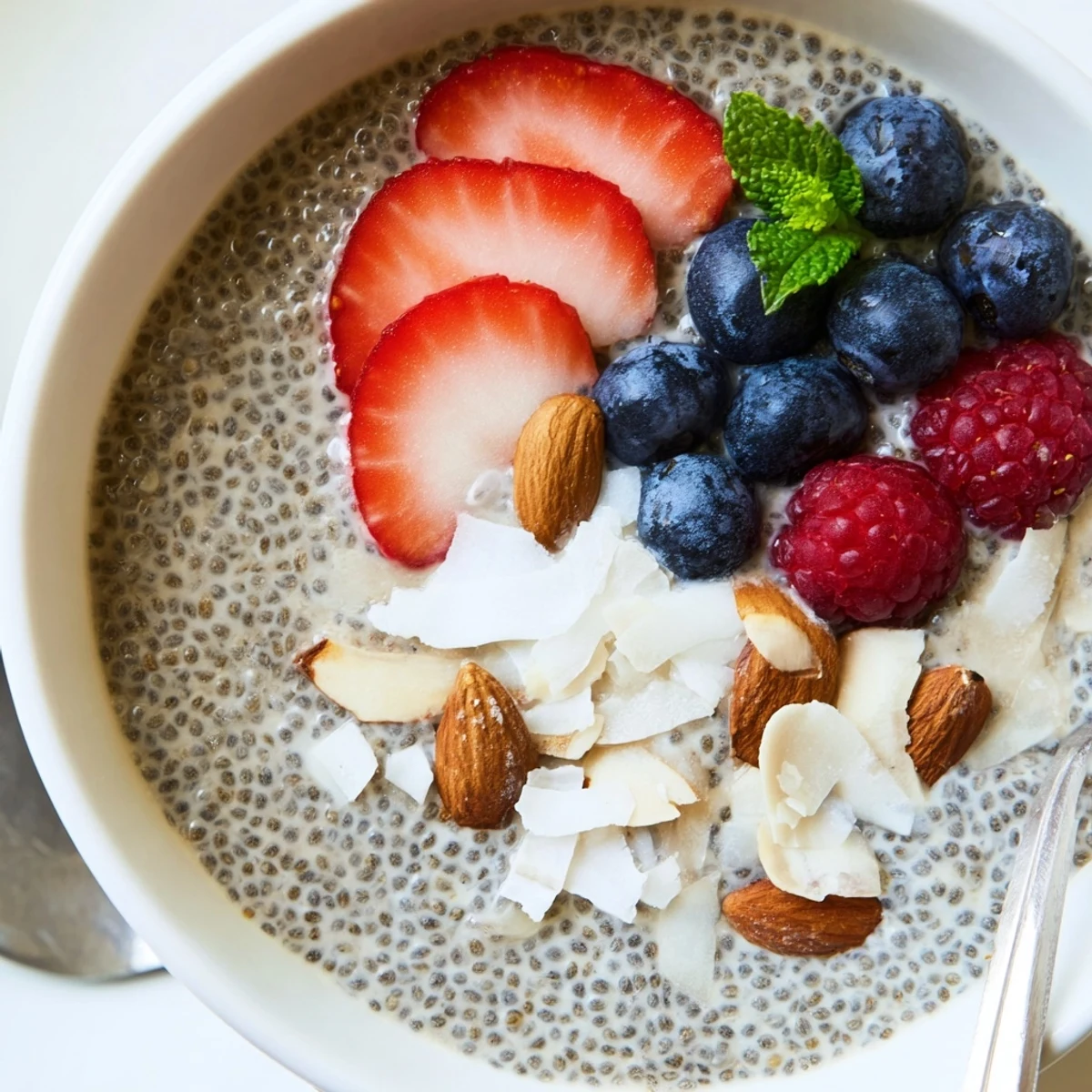 Creamy Chia Seed Pudding crowned with fresh berries and toasted almonds.