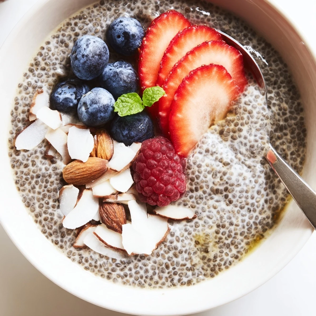Layered parfait of Chia Seed Pudding with raspberry puree and shredded coconut.