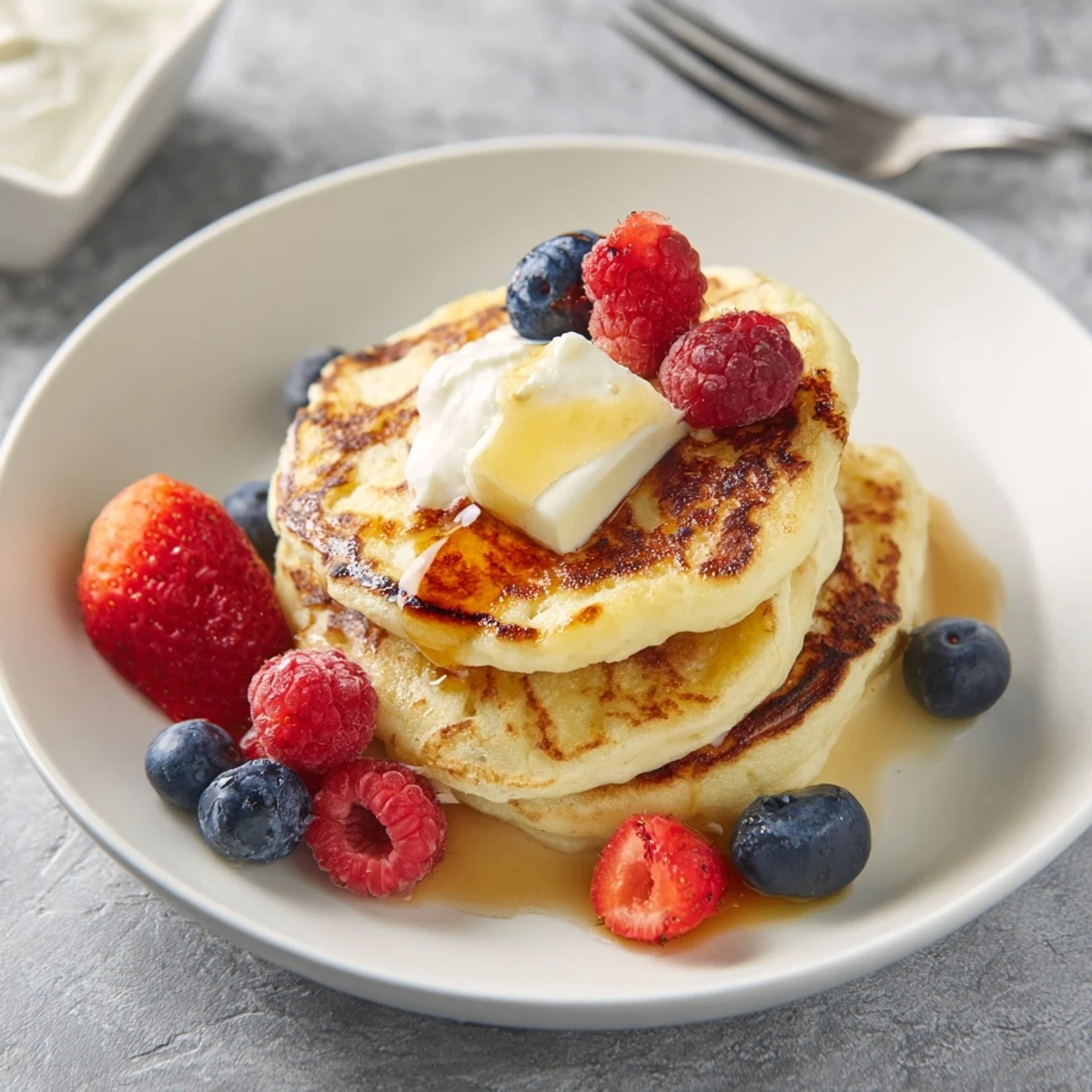 Cottage Cheese Pancakes stacked golden, steam rising, topped with fresh berries.