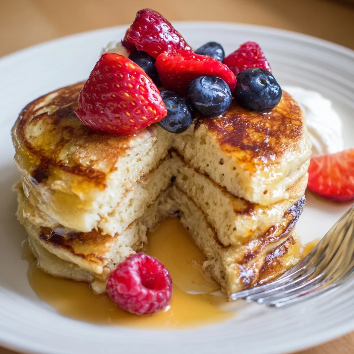 Warm Cottage Cheese Pancakes served with maple syrup and creamy Greek yogurt.