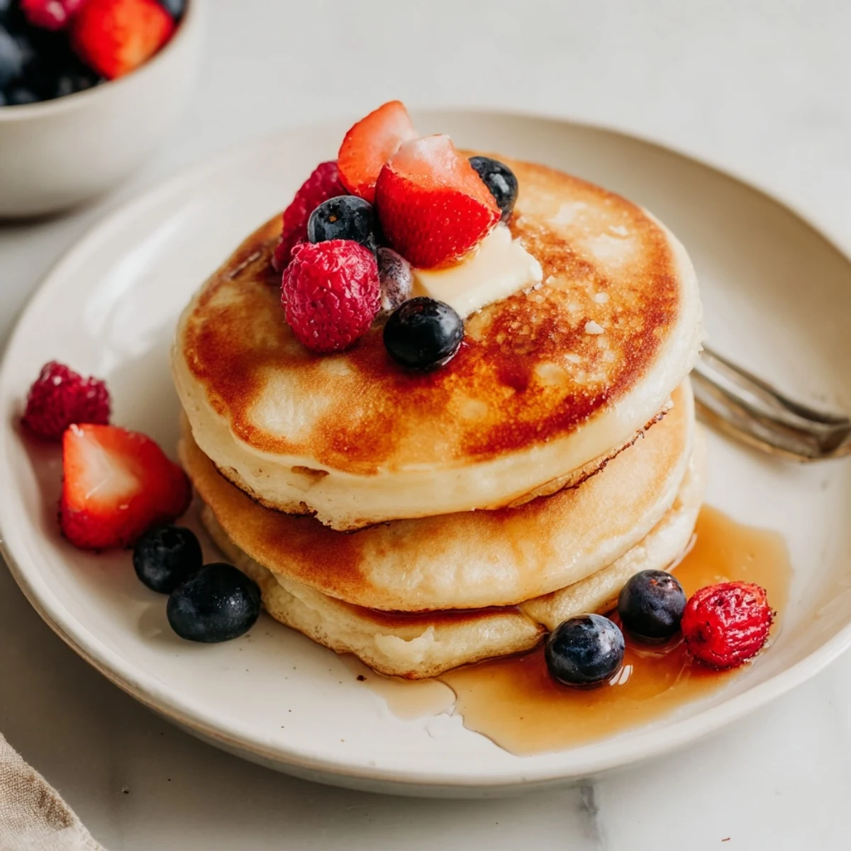Fluffy Cottage Cheese Pancakes on a skillet, butter melting around edges.