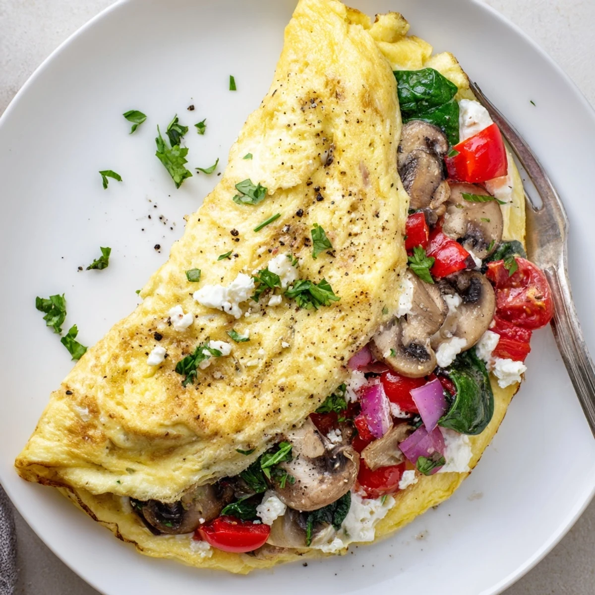 Egg White Omelette with Vegetables sizzling in nonstick skillet, tomatoes popping