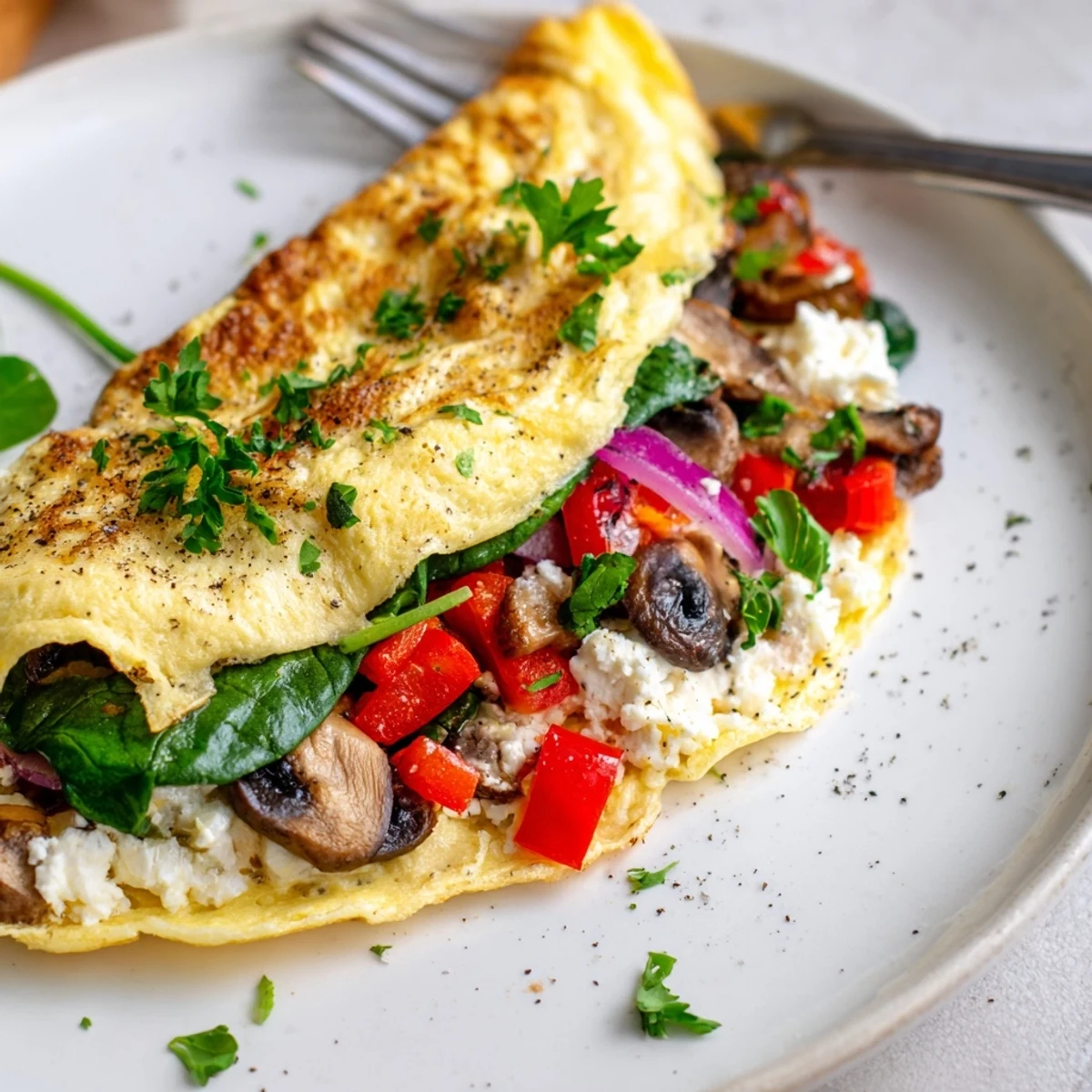 Light, fluffy Egg White Omelette with Vegetables folded over feta and parsley