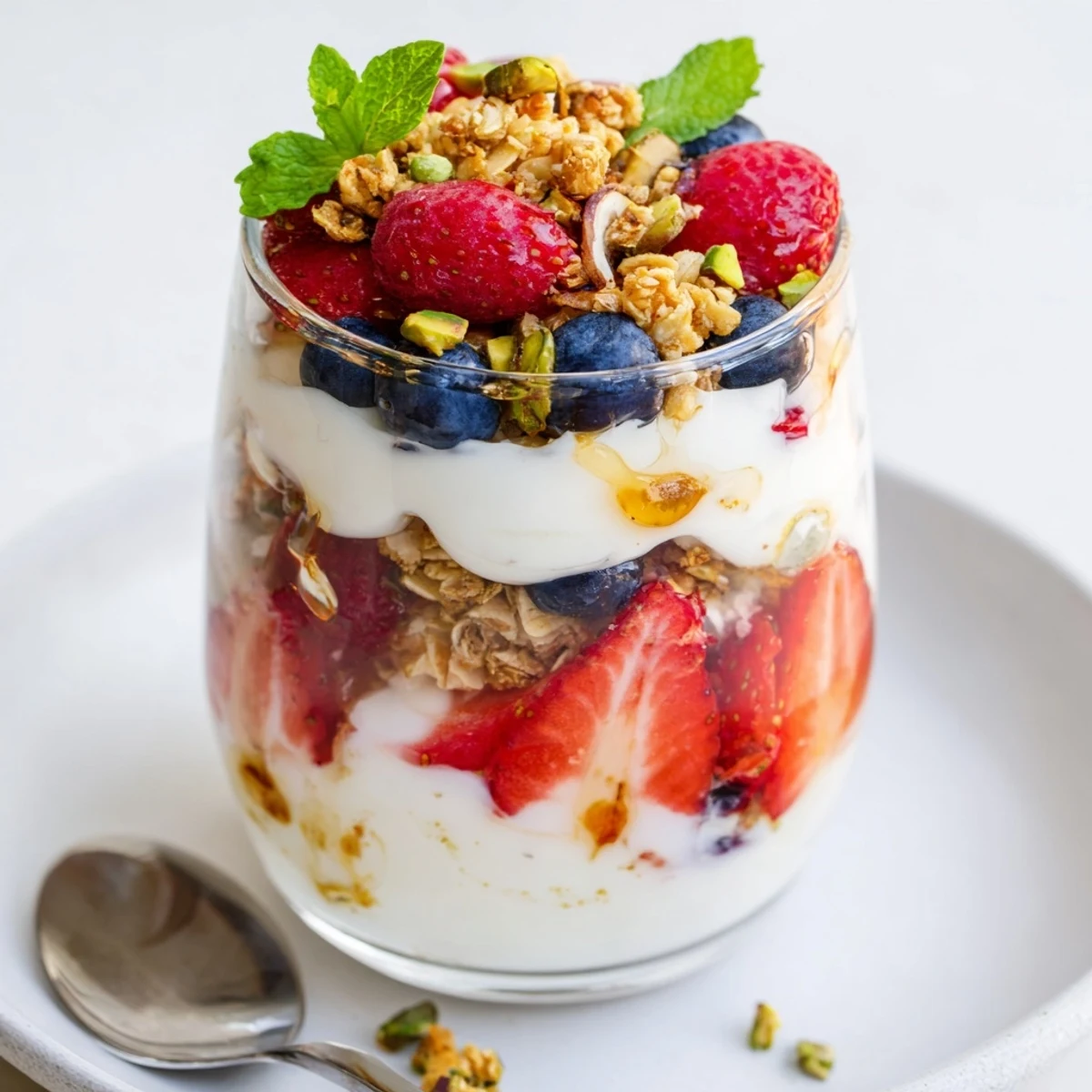Creamy Greek Yogurt Parfait layered with juicy berries, crunchy granola, honey drizzle  