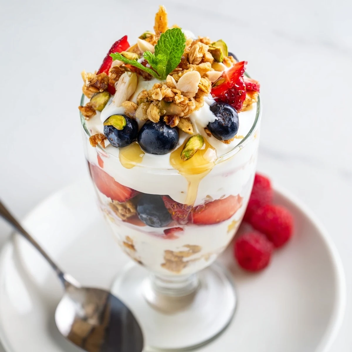 Morning Greek Yogurt Parfait served with maple syrup, crunchy nuts, fresh berries
