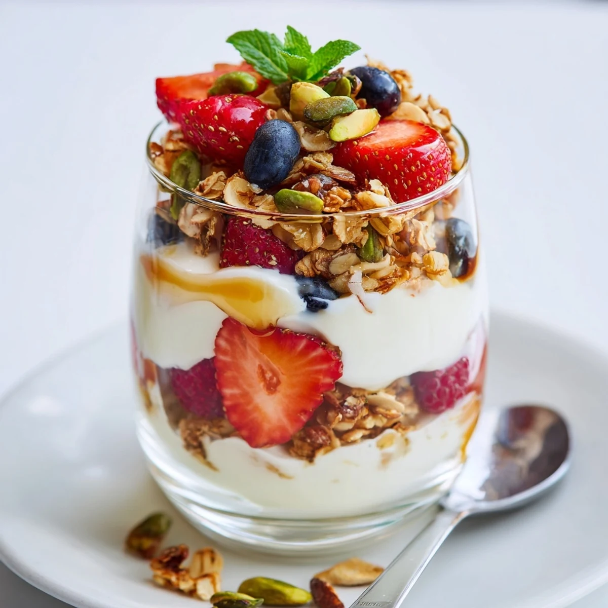 Chilled Greek Yogurt Parfait in a glass jar, topped with fresh mint  
