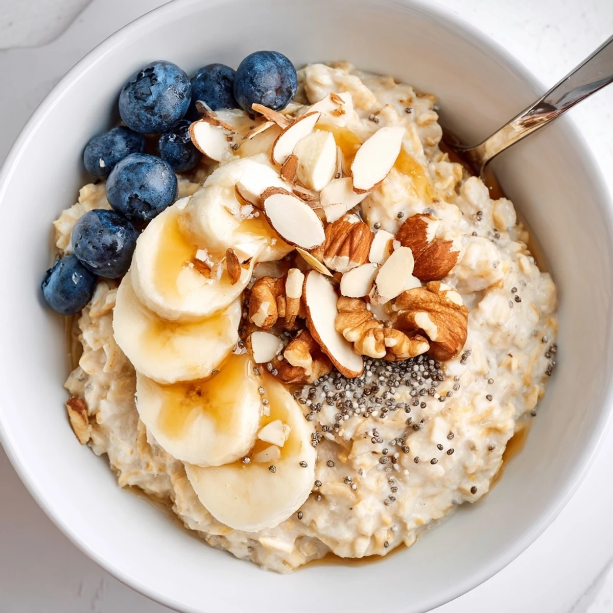 Creamy Protein Oatmeal swirled with maple, chia, and crunchy almonds