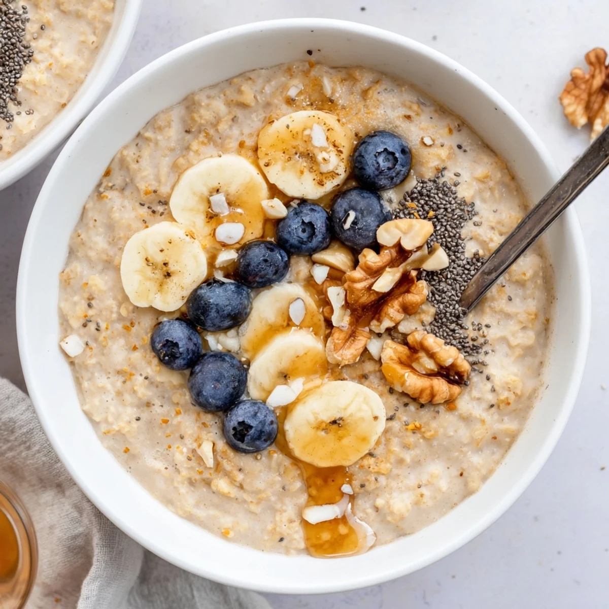 Hearty bowl of Protein Oatmeal, warm spoon inviting, perfect post-workout
