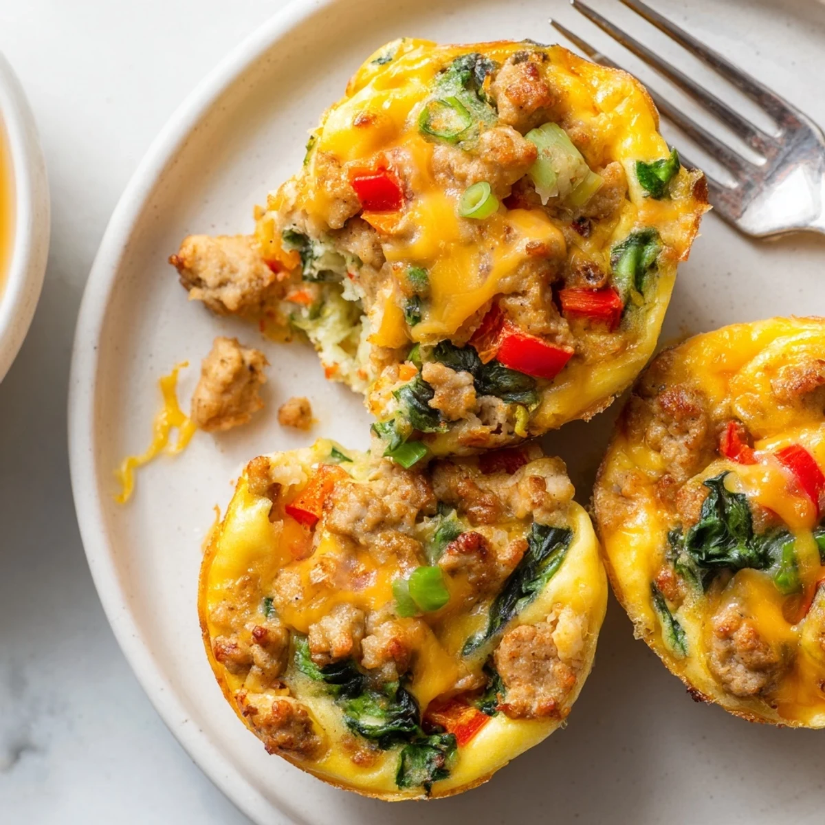 Stacked Turkey Sausage Egg Muffins on plate, ready for grab-and-go breakfasts