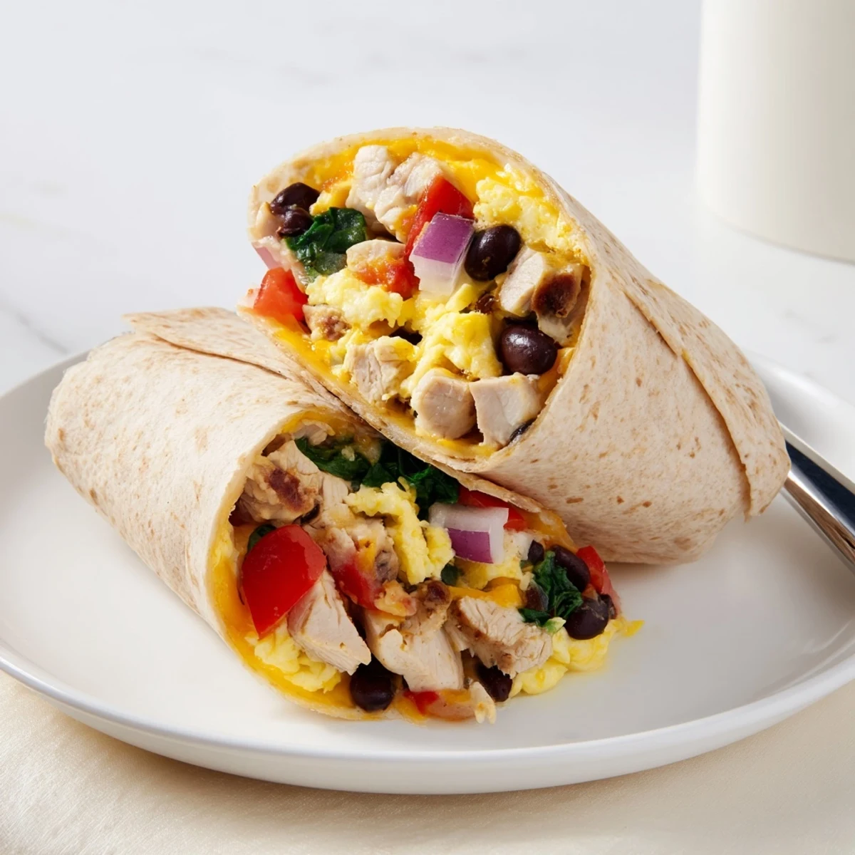 Skillet-prepped Protein Breakfast Burrito served with salsa, soft scrambled eggs peeking