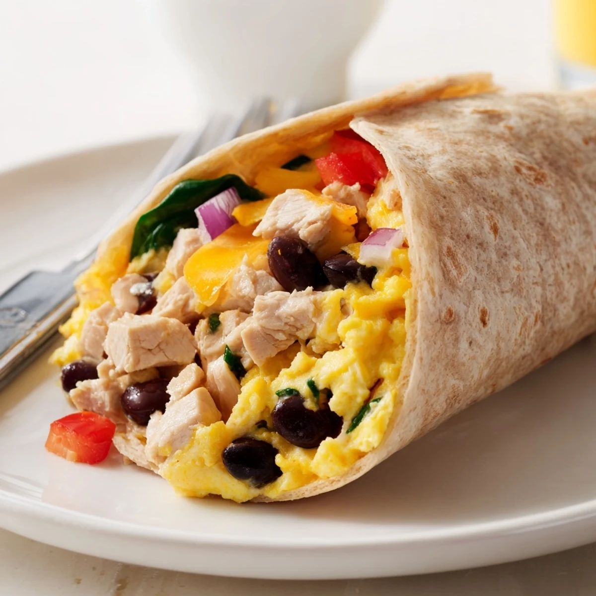 Hearty Protein Breakfast Burrito sliced open, steaming eggs, black beans visible