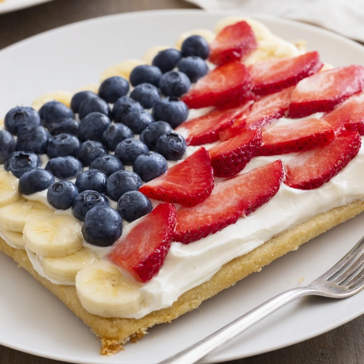 Chilled American Flag Fruit Pizza sliced and served for Fourth of July picnic