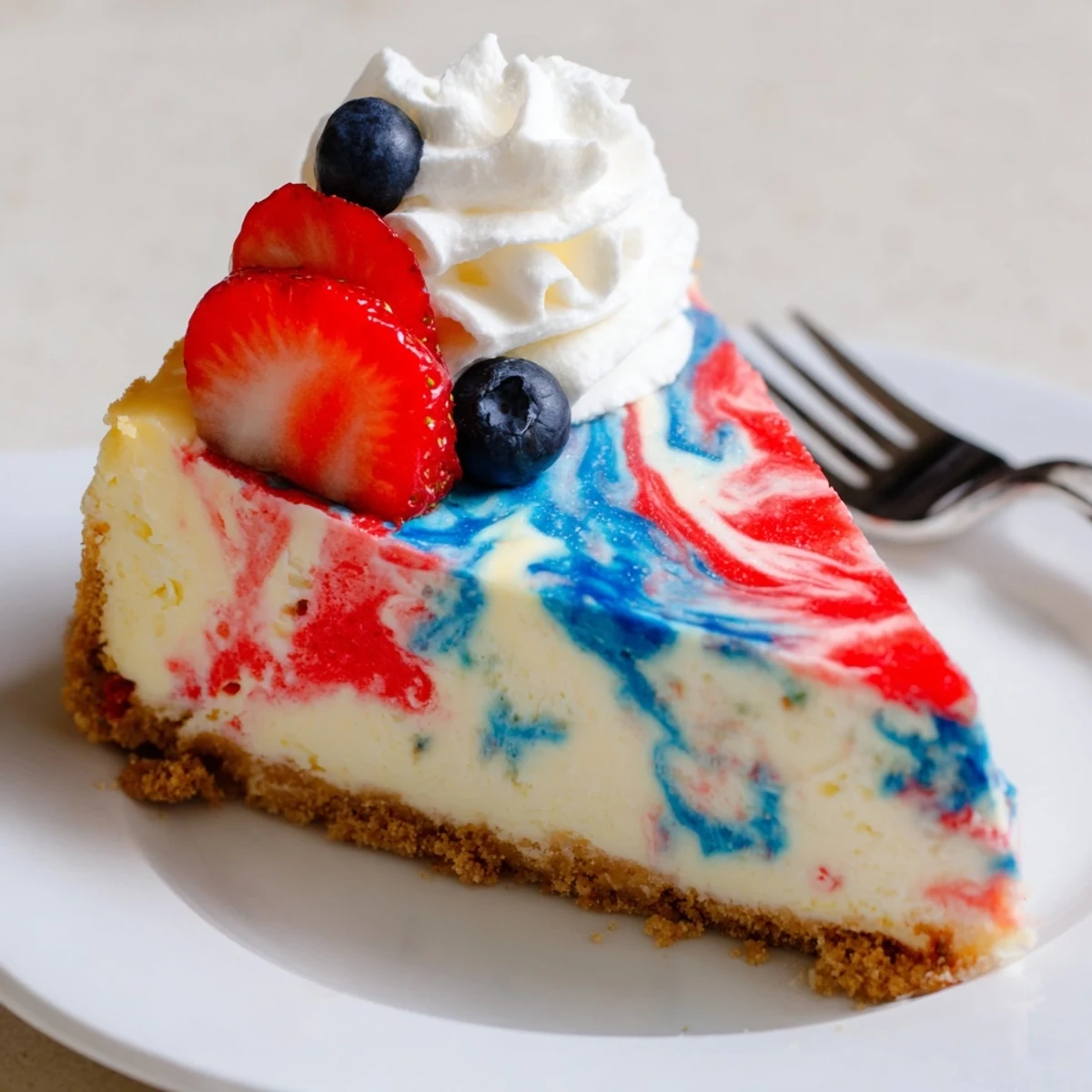 Festive Patriotic Swirl Cheesecake with glossy red and blue marbling, ready to serve.
