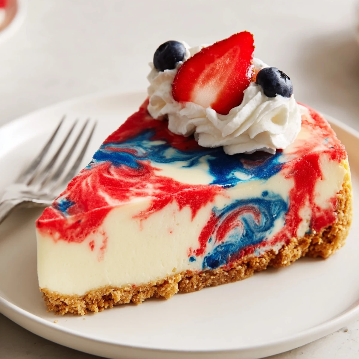 Chilled Patriotic Swirl Cheesecake sliced on plate, topped with whipped cream.