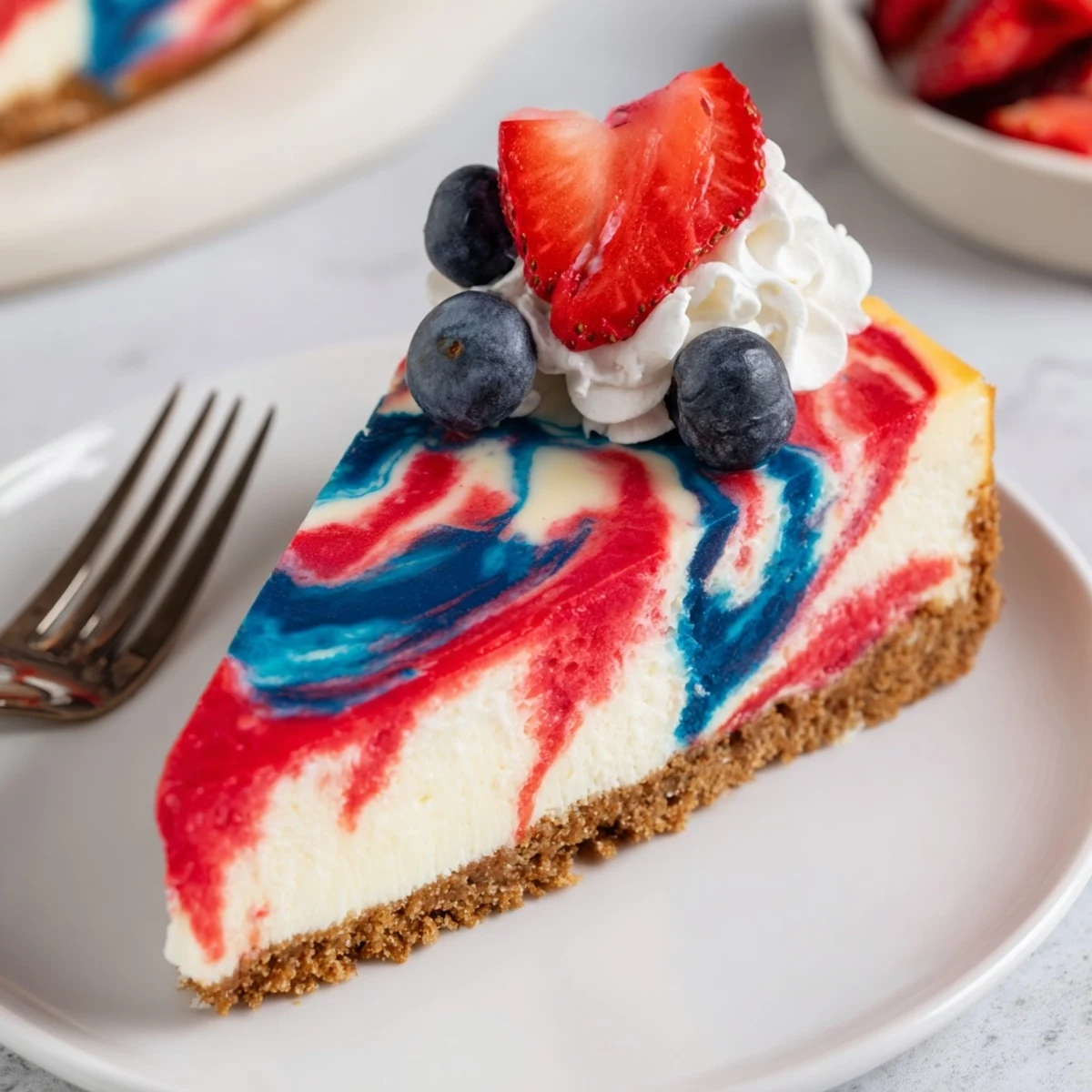 Brightly swirled Patriotic Swirl Cheesecake rests on graham crust, slightly jiggly.