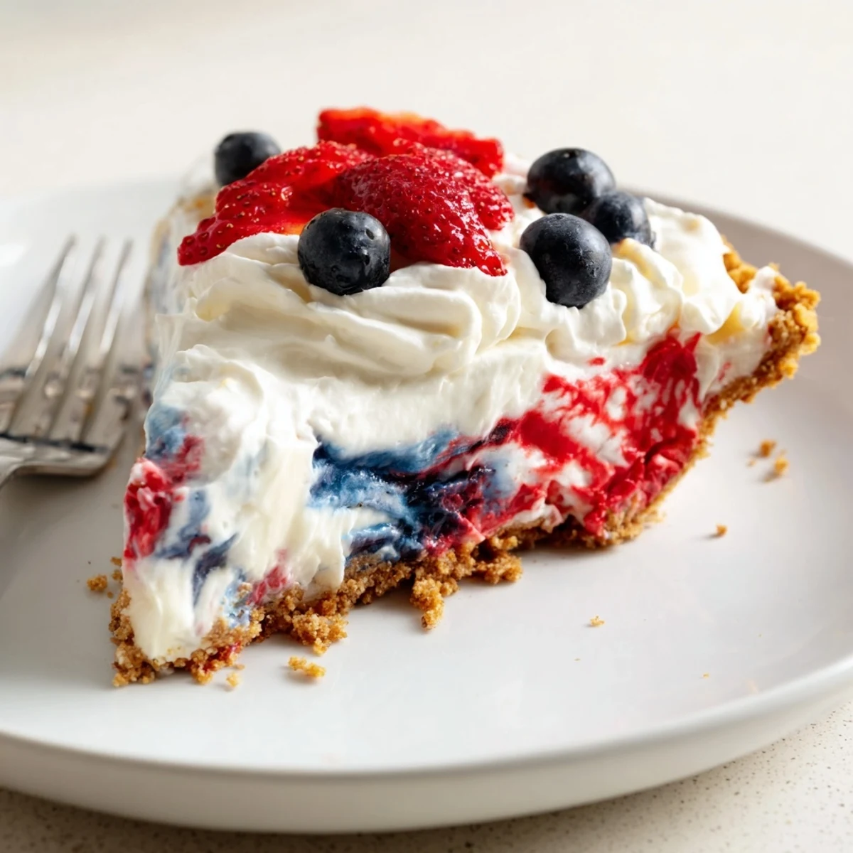Patriotic Red White And Blue Swirl Pie with glossy strawberry and blueberry topping  
