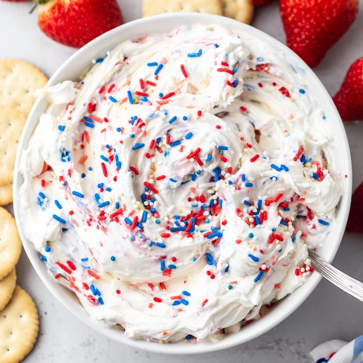 Red White And Blue Funfetti Dip in bowl with creamy vanilla swirls